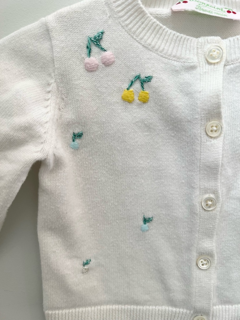 Bonpoint Cream Cardigan with Multicolored Cherry Embroidery - Picture 5 of 9